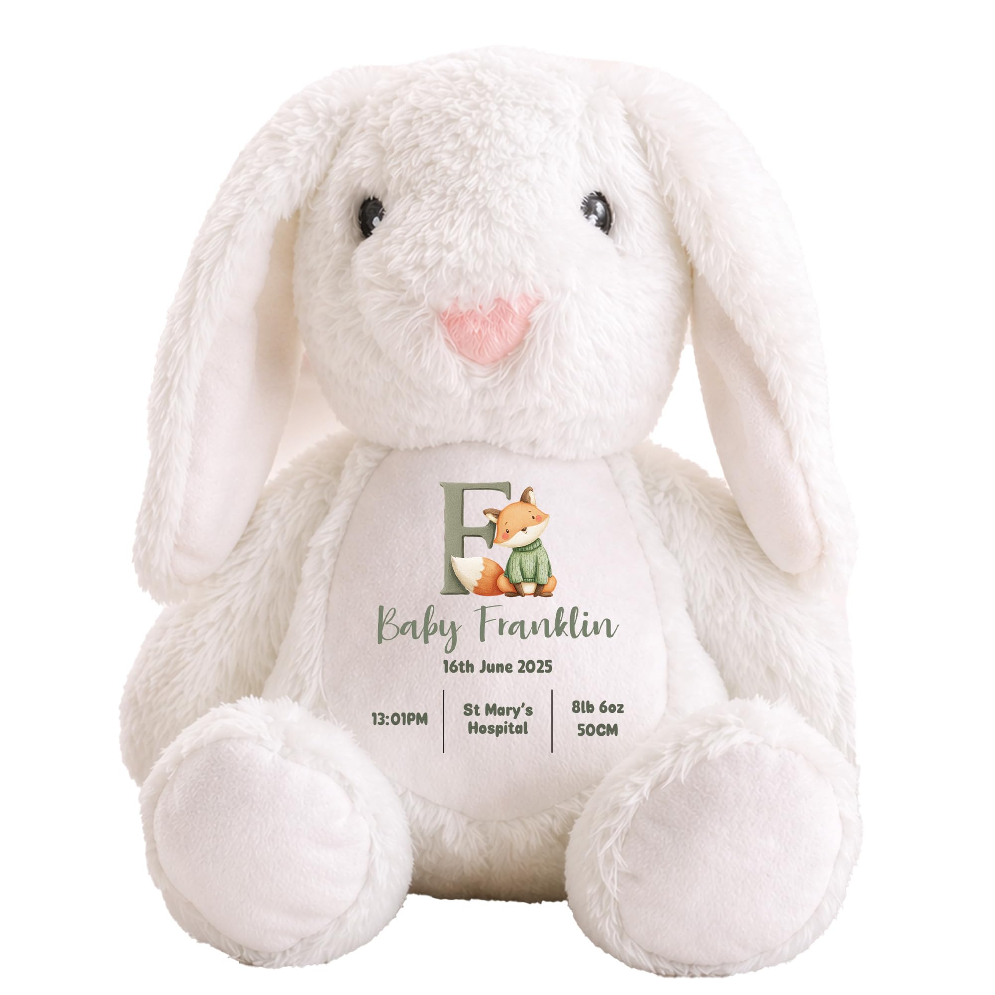 Personalised Birth Stats Bunny Plush Toy, Custom Name Initial Rabbit Gift, Baby Birth Details Keepsake Teddy, Newborn Gift with Date Time Weight and Length