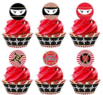 Ninja Karate Cupcake Kit - 24 Ninja Cupcake Toppers and 24 Cupcake Wrappers - Ninja Party Supplies - Karate Party Decorations - Cupcake