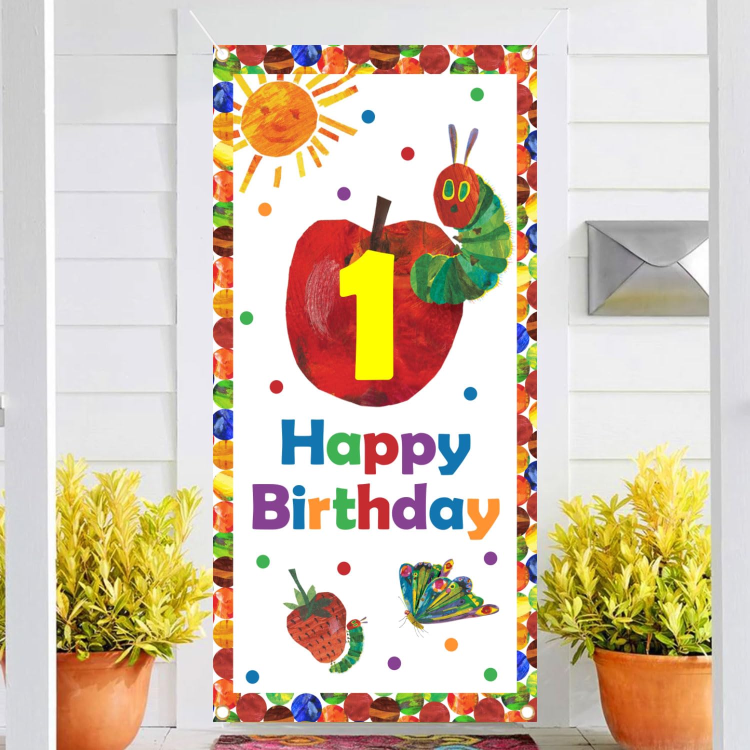 BECKTENOne Year Old Happy Birthday Hungry Caterpillar Theme Banner Backdrop Party Decoration，Baby's First Caterpillar Birthday Decoration，Green One Birthday Poster Background Photo Booth Props Decor