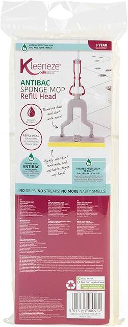 Kleeneze KL080912UFEU7 Anti-Bac Sponge Refill Mop Head, Fits Mop KL076670, Treated with Anti-Bac Protection, Flexi Mop-Head, Highly Absorbent