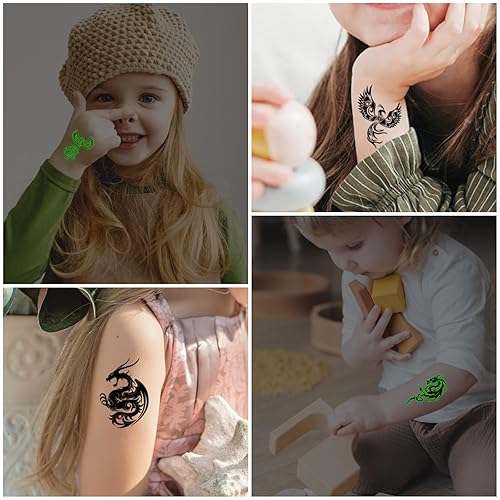 Miniatura 7 de 16 hojas de tatuajes temporales luminosos de dragón fénix que brillan en la oscuridad dragón decoración de fiesta de cumpleaños, suministros para