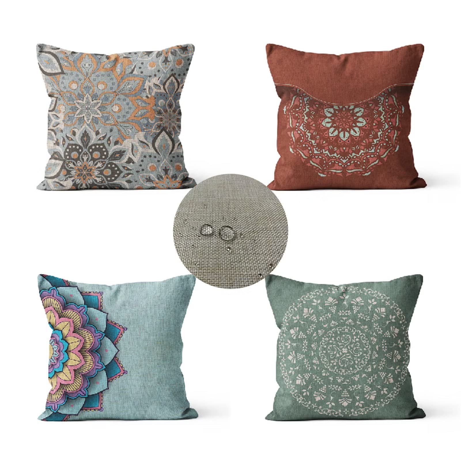 Federe Cuscini Divano 45x45 Set di 4 Cuscini per Divano impermeabile Lino Esterno Cuscini Decorativi Bohemien Motivo Cuscini Divano, Soggiorno Letto Estate giardino Copricuscino (Verde chiaro) JW-7781