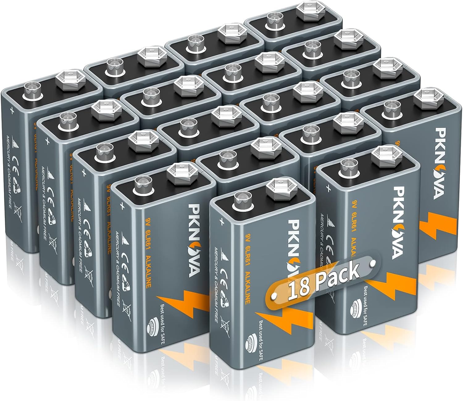 PKNOVA 9V Batteries Alkaline 9 Volt Square Battery for Smoke Detector, Long-Lasting, 18 Count Pack