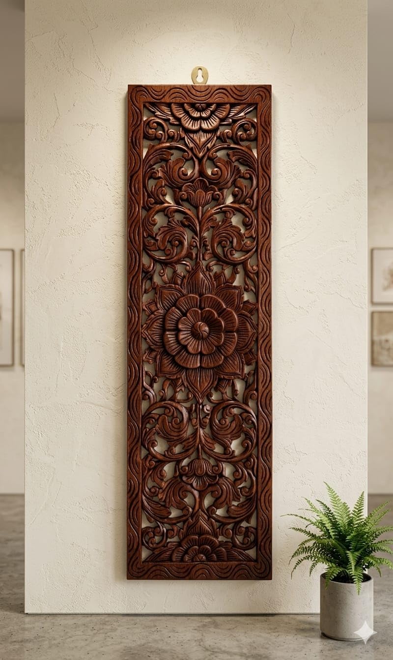 WoodIdea Hand Carved Wooden Modern Wall Panel Art Decorative Floral Mandala Wall Hanging for Living Room Bedroom Hallway Hotel and Home Decor (BROWN)-image-48