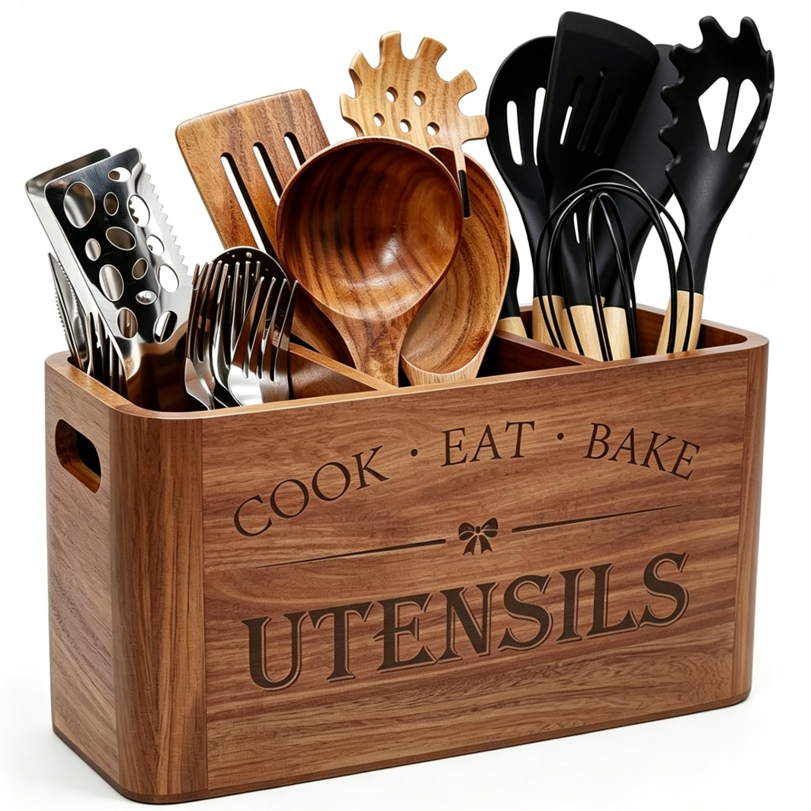 Organizador de utensilios de cocina de madera para encimera o encimera, soporte grande de madera para almacenamiento de utensilios de cocina y cubiertos con 3 compartimentos, contenedor de madera