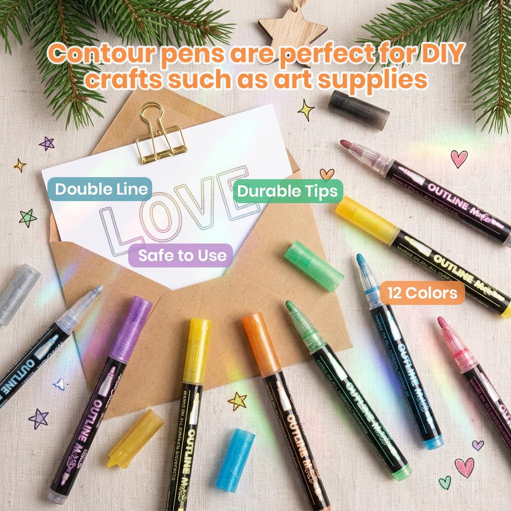 ZIBUYU 12 Count Dual Line Outline Markers Metallic Glitter Colour