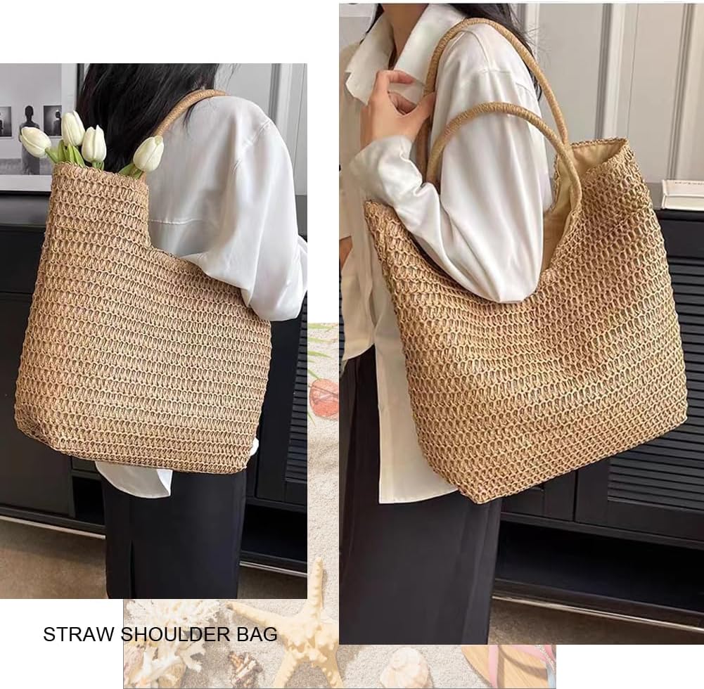 Straw Beach Bags for Women Woven Beach Tote Bag Casual Boho Large Shoulder Handbags Purse for Vacation Holiday - Image 7