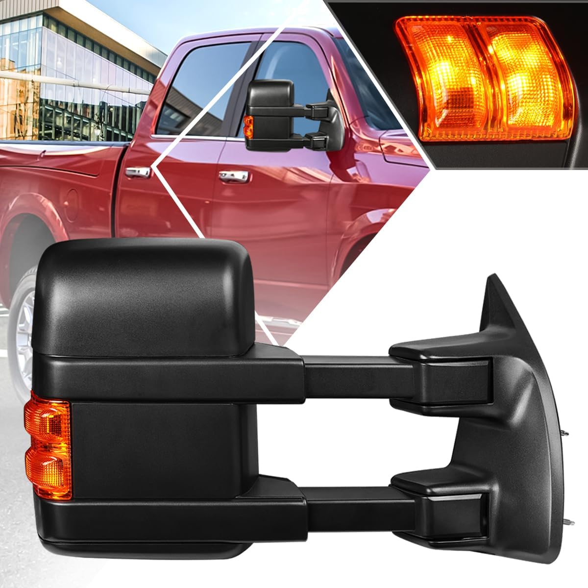 [Pair] Manual Extendable Tow Towing Mirrors Side Mirrors w/LED Signal Compatible with 08-16 Ford F250-F550 SD,Black