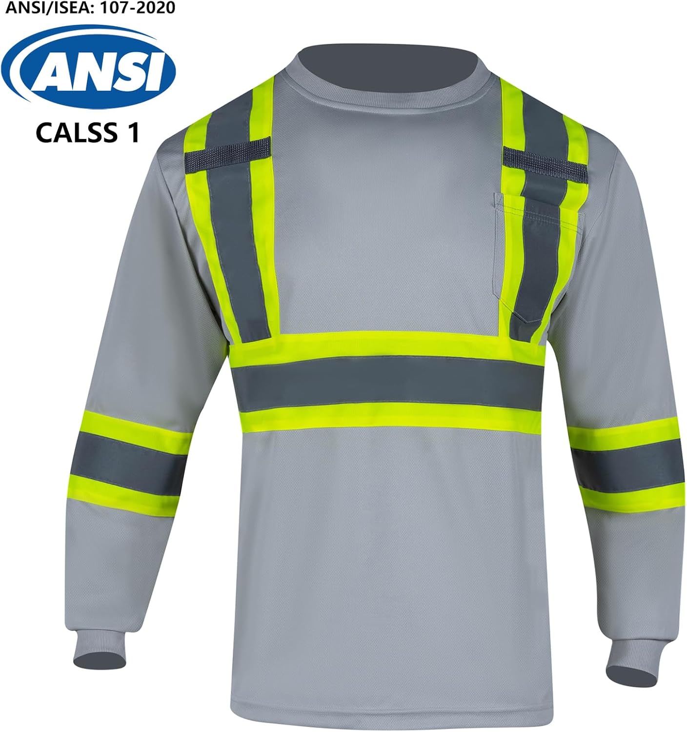 VENDACE Men's High Vis Safety Work T Shirt ANSI Class 1 Reflective Long Sleeve Shirt with Pocket(Grey,2XL) - Image 2
