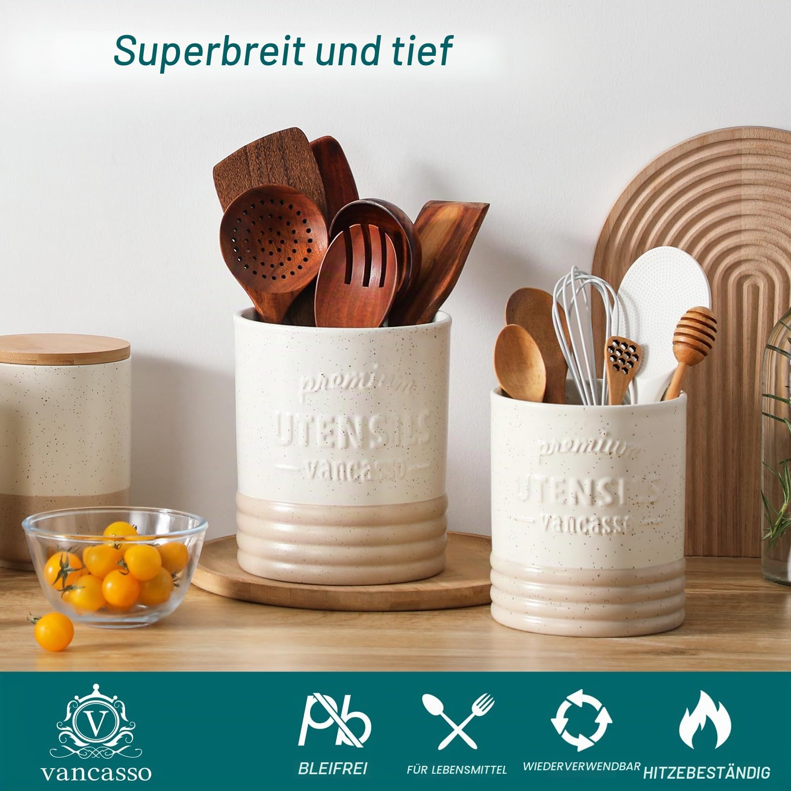 vancasso Sabine Utensilienhalter für Küchentheke, 15,7 cm, kleiner Keramik-Utensilienbehälter, cremefarben, Bauernhaus-Utensilien-Organizer für Heimdekoration