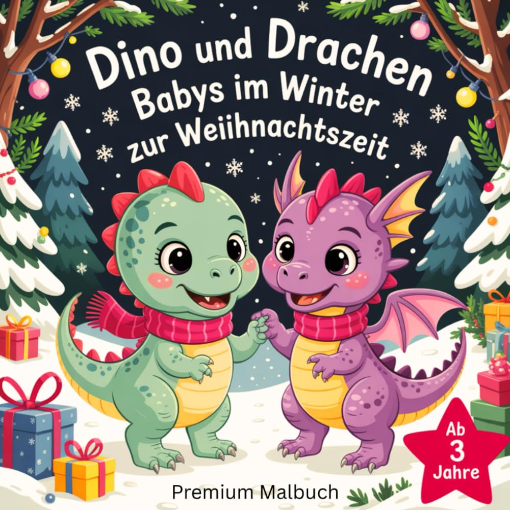 Dino und Drachen Babys im Winter zu Weihnachten: Premium Malbuch