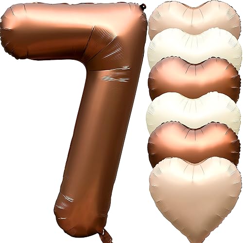 Jonhamwelbor 40 inch Brown Number 7 Balloon Large Big Foil Helium Mylar Number Balloon with Heart Balloons for Girl Boy Seven Year Old 7th Birthday Party Decoration (40 inch Brown 7)