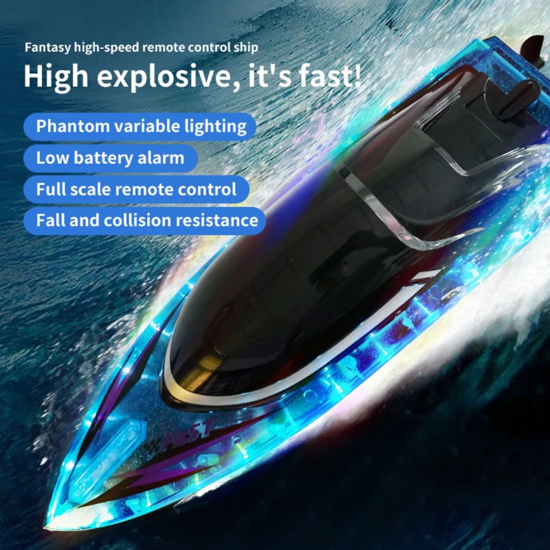 NULA Barca radiocomandata ad alta velocità per piscina, lago, fiume e laghetto, 2,4 GHz, barca ad acqua da corsa proporzionale, doppio motore con luce LED, per adulti, hobbisti, blu