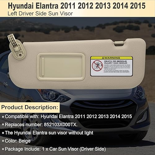 Miniatura 2 de Reemplazo del parasol del lado izquierdo del conductor compatible con Hyundai Elantra 2011 2012 2013 2014 2015 Reemplazo # 852103X000TX Color Beige