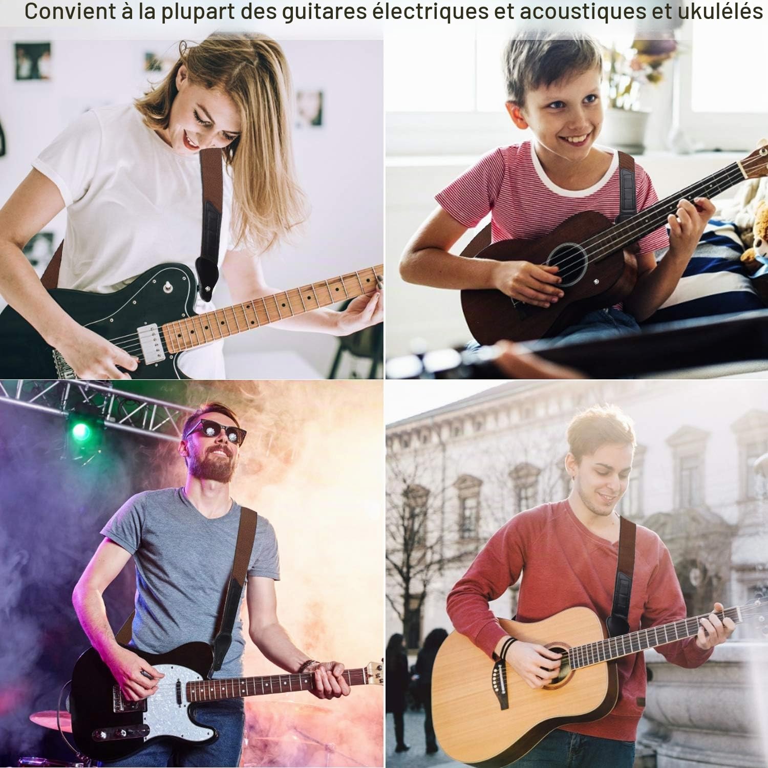 Sangle de Guitare Réglable en Coton - Bandoulière Confortable Avec 3 Porte-médiators pour Guitare Folk, Acoustique, Électrique et Basse (Marron)