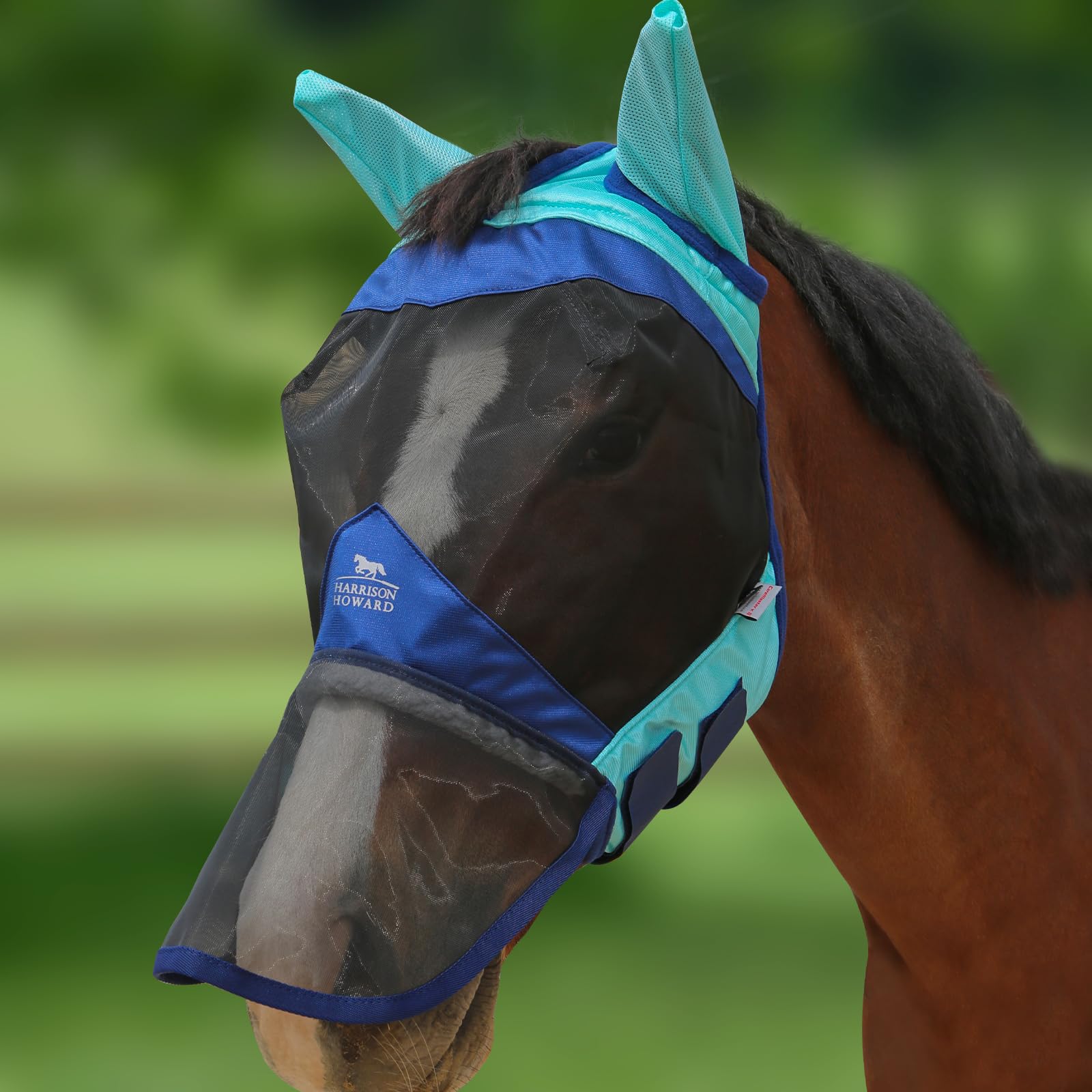 Harrison Howard Horse Fly Mask Long Nose with Ears Summer Mint/Navy L Full Size