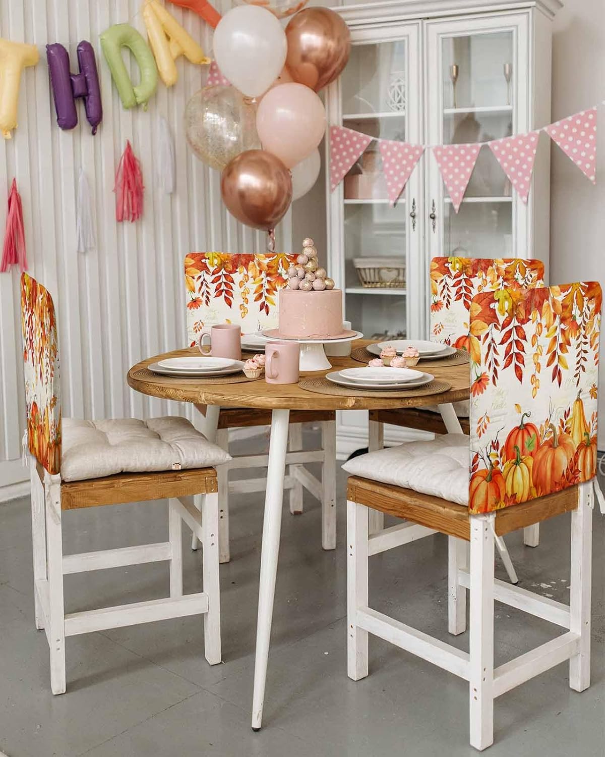 Orange Pumpkins Fall Chair Covers Set of 8 for Dining Room, Thanksgiving Maple Leaves Chair Back Cover, Botanical Falling Removable Kitchen Chairs Slipcovers Seat Protector for Party Banquet