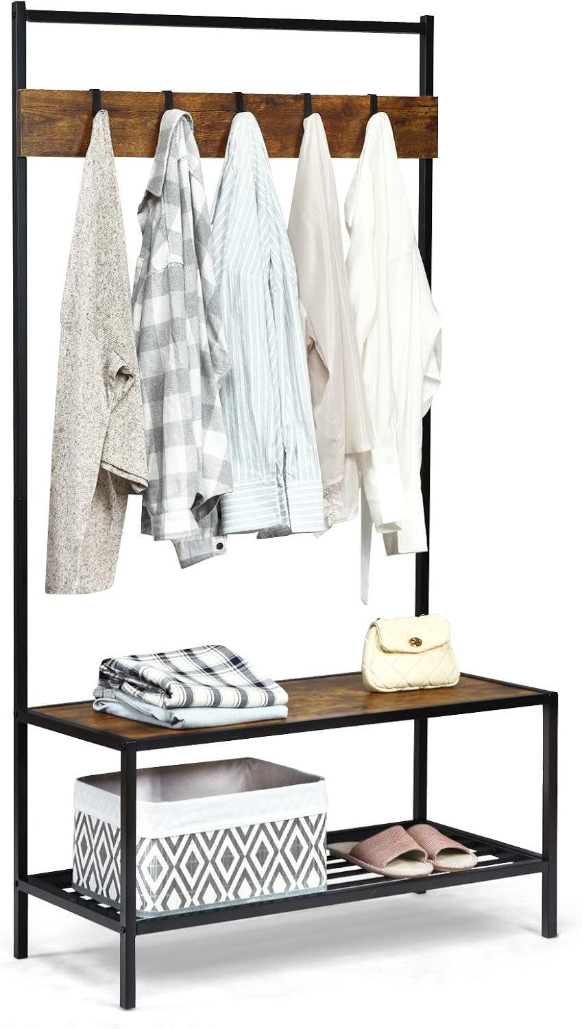 Tangkula Hall Tree with Bench and Shoe Storage, 3-In-1 Industrial Entryway Bench with Coat Rack, Wood Look Coat Rack Shoes Bench Storage Organizer for Home & Office, Coats/Hats/Shoes (Coffee)