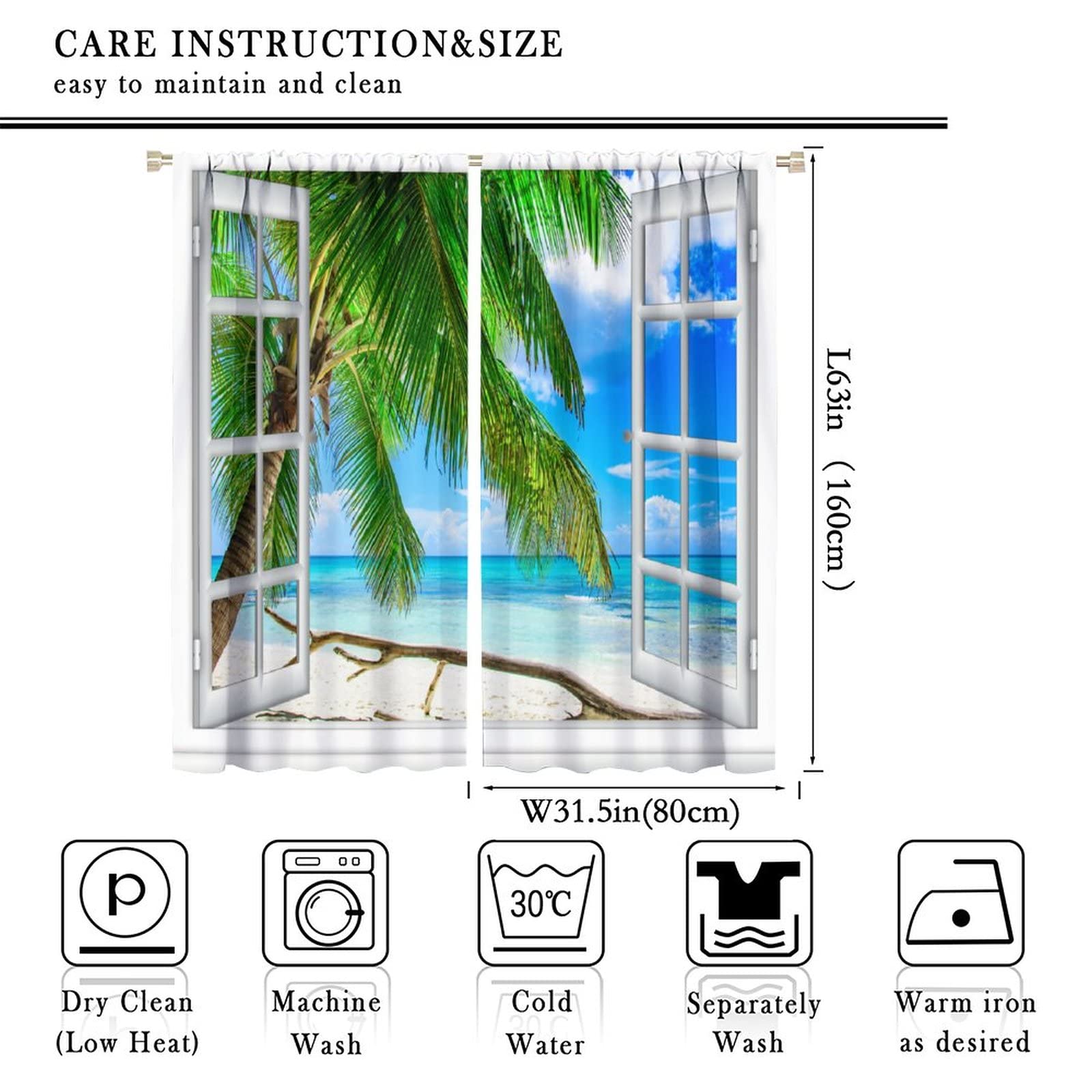 Beach Curtains Summer Tropical Ocean Exotic Palm Trees Rod Pocket Blackout Window Drapes 2 Panels Set for Children Boys Girls Bedroom Living Room Decor 63x63in