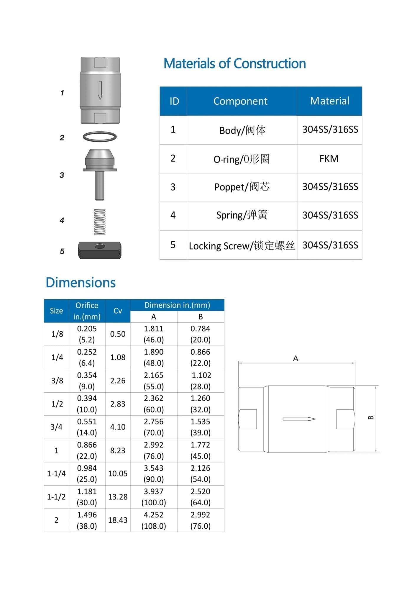 Clapet Anti-retour 1/8 "1/4" 3/8 "1/2" 3/4 "1" 1-1/4 "1-1/2" 2 "304 Filetage Femelle En Acier Inoxydable BSPP Vannes Anti-retour Unidirectionnelles(2")
