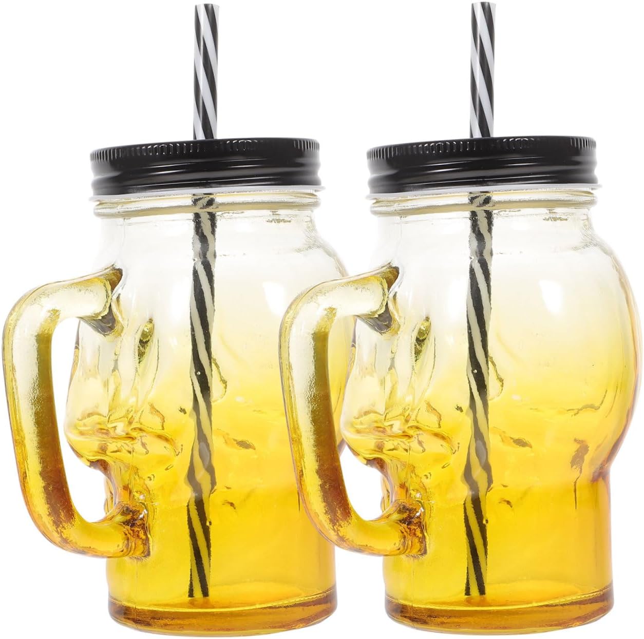 Gatuida Halloween Skull Glass Beer Cups with Handle, 500ml Gradient Amber Glass Tumblers, 2pcs Party Drinkware with Lid and Straw for Halloween Celebration Random Color