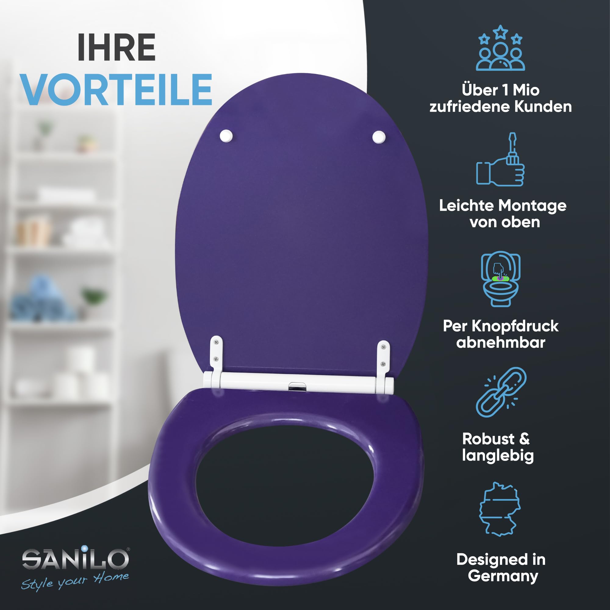 Sanilo WC Sitz mit Absenkautomatik & Schnellverschluss, Toilettendeckel per Knopfdruck abnehmbar, einfache Montage von oben (Glitzer Lila)