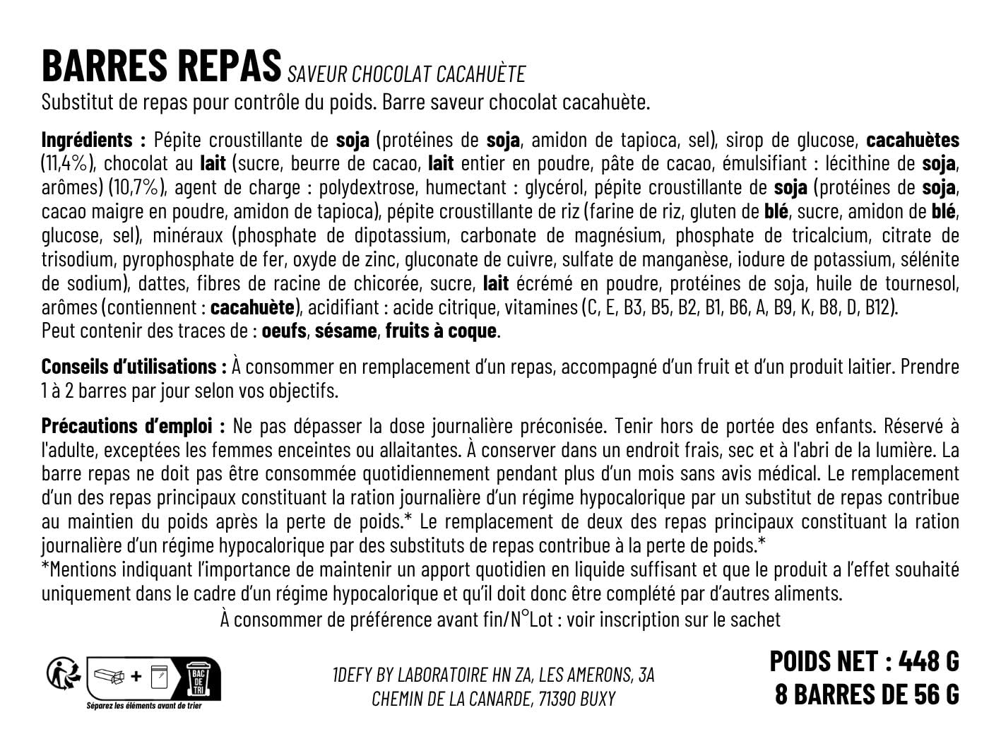 Barre repas - Saveur Chocolat Cacahuète - Substitut de repas - Barre nutritive complète - 1Defy - Boite de 10 barres