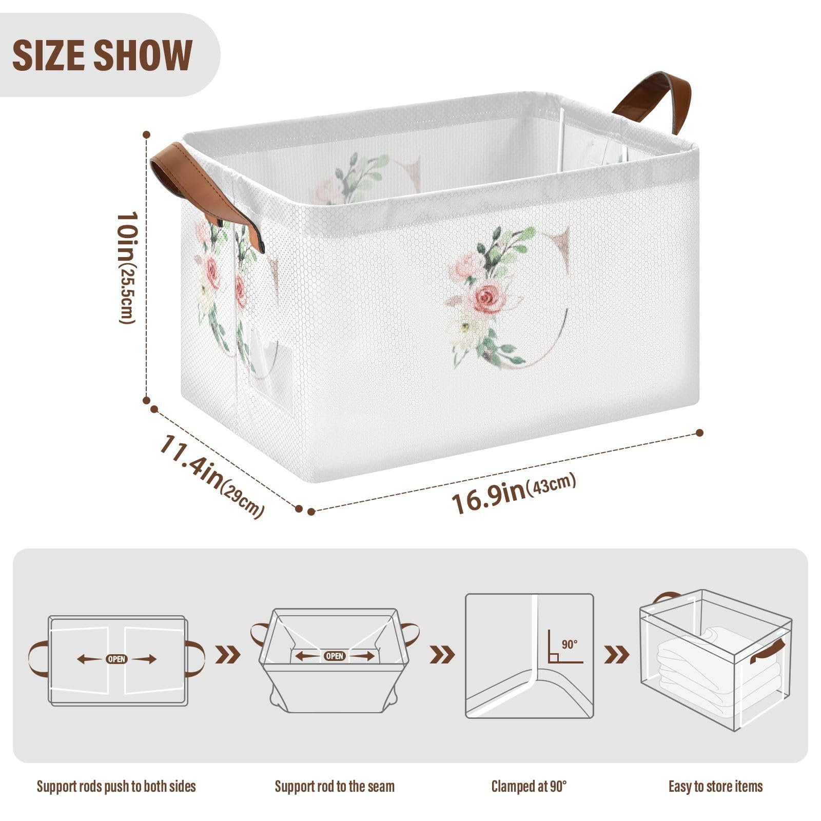 Floral Alphabet Monogrammed Rose Gold A Letter 1PC Rectangle Foldable Frame Basket Leather Handles Storage Bin for Laundry Bathroom Organizer M 16.9 x 11.4 x 10 inch