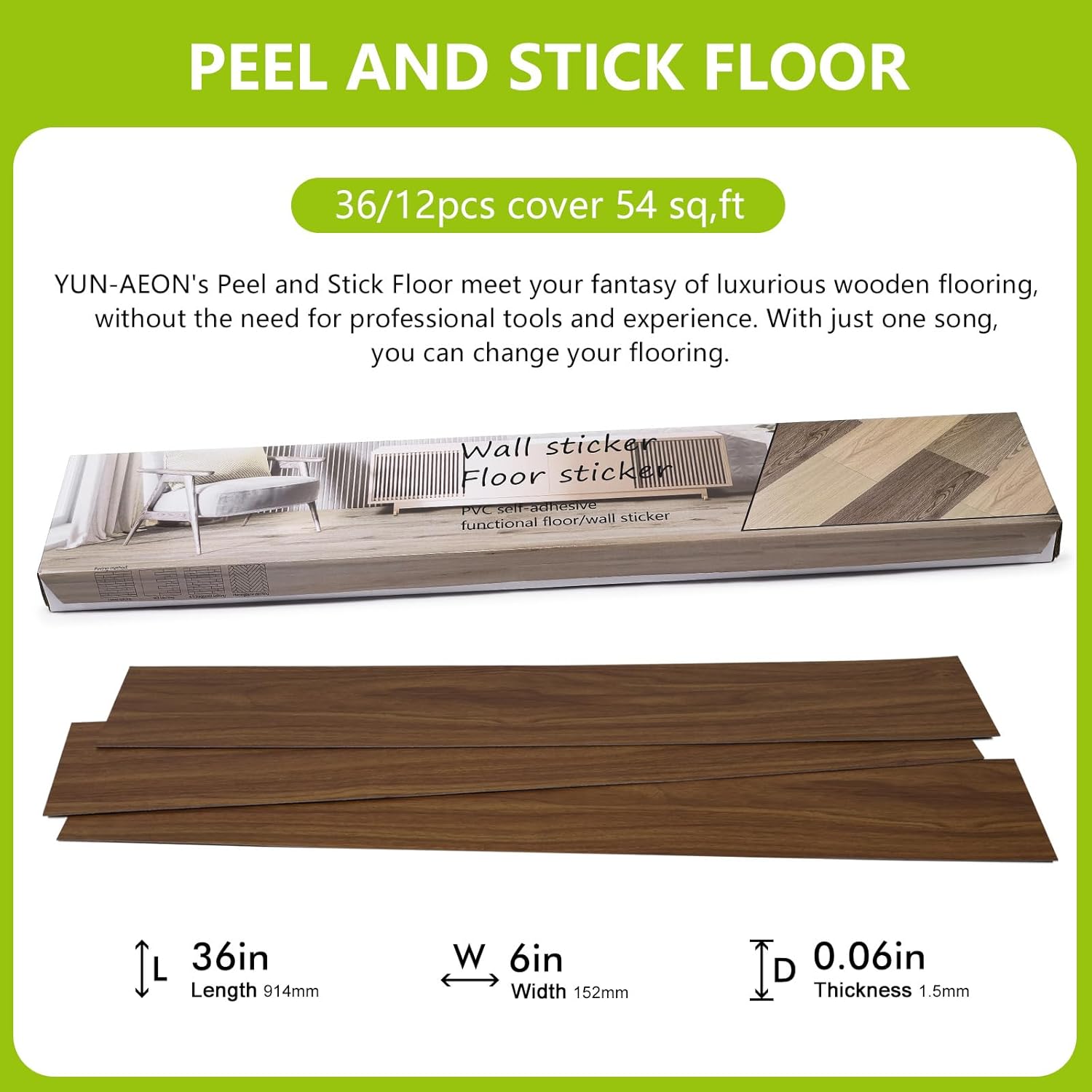 Yun-aeon Brown Peel and Stick Floor Tiles 36-Pack 54 Sq Ft Brown Stripe Self Adhesive Wood Grain Planks Removable Vinyl Flooring Art Deco for Bedroom Living Room