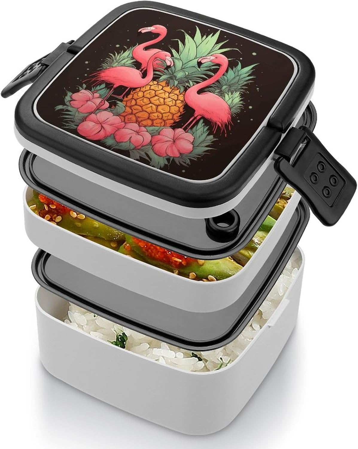 Bento Lunch Box for Adults Stackable Lunch Container Pineapple Flamingos Printed Square 2 Layer Cute Kawaii Bento Box Container for Men Women