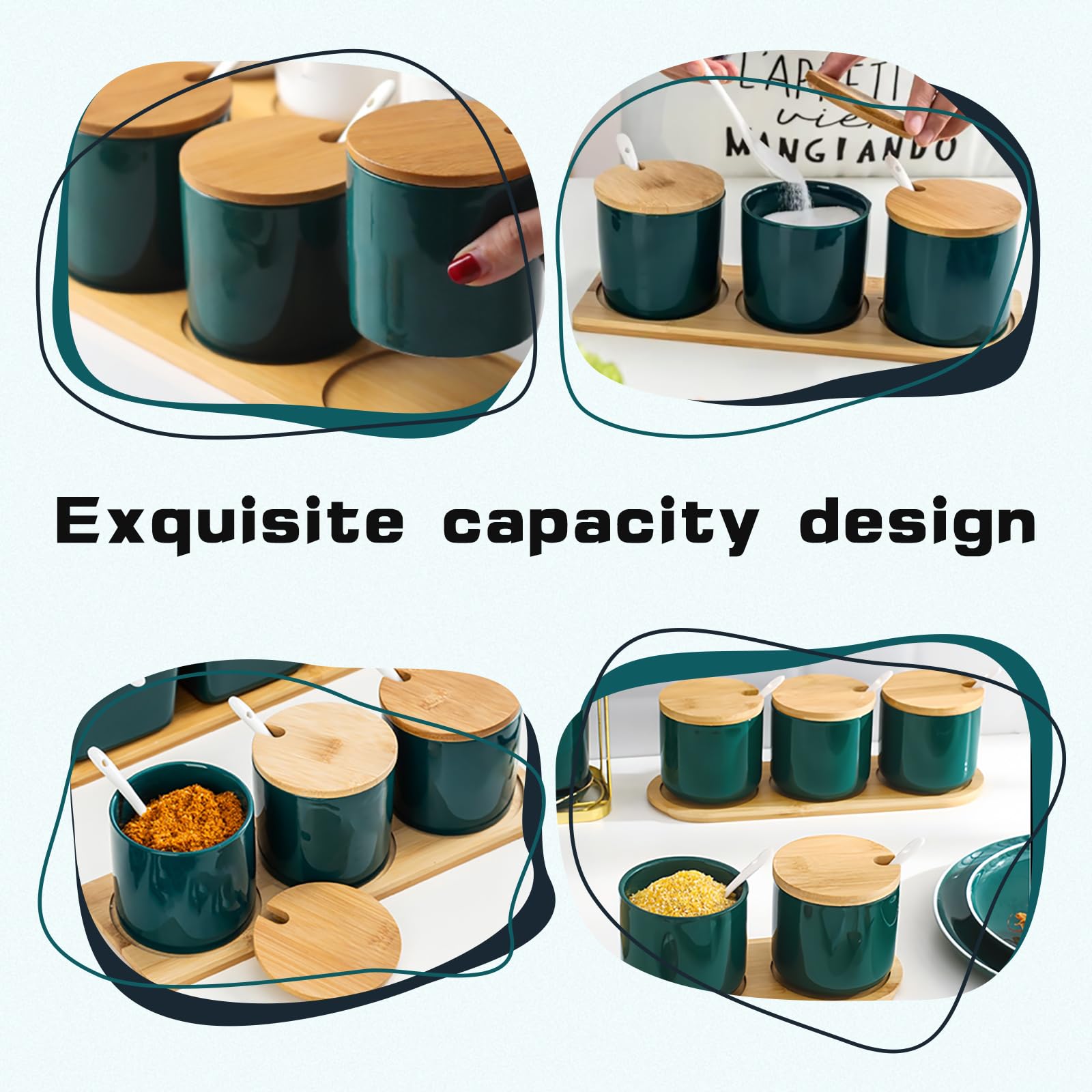 Salière en céramique avec couvercle en bois et cuillère, élégante salière avec couvercle en vert émeraude, récipient à sel moderne pour cuisine et table, pot à sel élégant avec cuillère