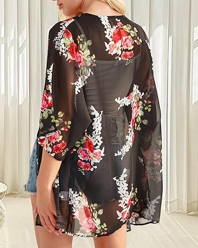 Miniatura 3 de Cárdigan estilo kimono con estampado floral para mujer, con mangas abullonadas, blusa informal, salida de baño