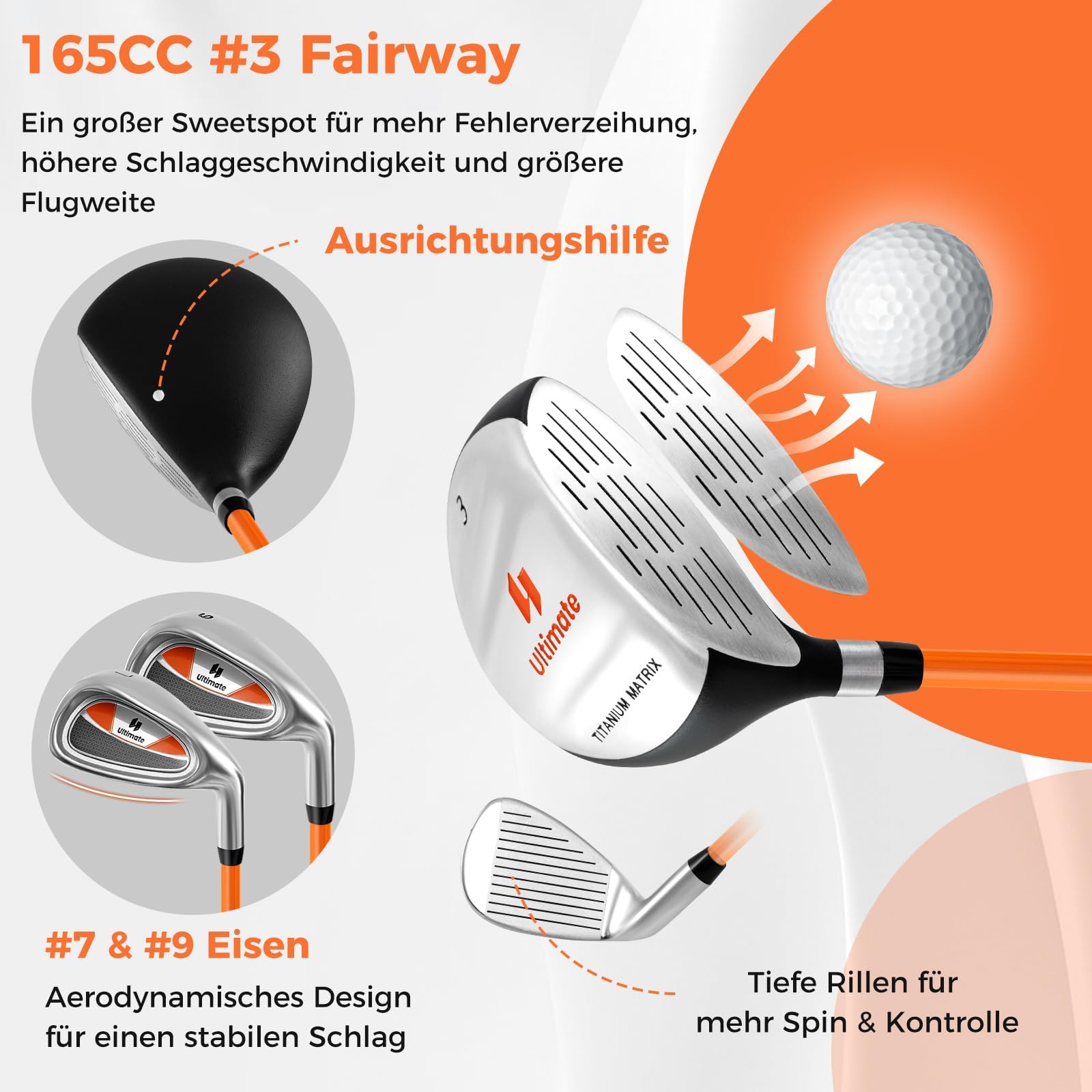 COSTWAY 5 teiliges Kinder Golfschläger Set, Golf Set Rechtshänder mit 3 Fairway, 7/9 Eisen, Putter, Regenhaube & Golftasche, Golfschlägersätze für Kinder von 8-10/11-13 Jahren
