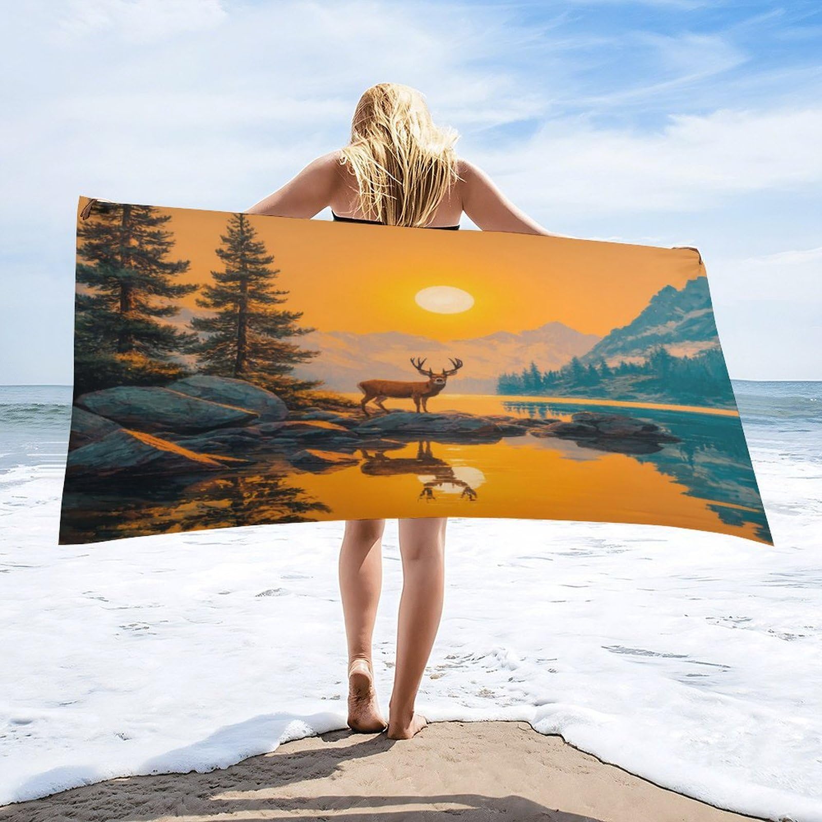 LUYYSKY Modern Abstract Wildlife Elk Quick-Drying Beach Towel, Beautiful Western Sunset Pine Forest Hunting Theme Animal Deer Travel Vacation Single Sided Pile Bathroom Towels-80 W cm x 160" L cm