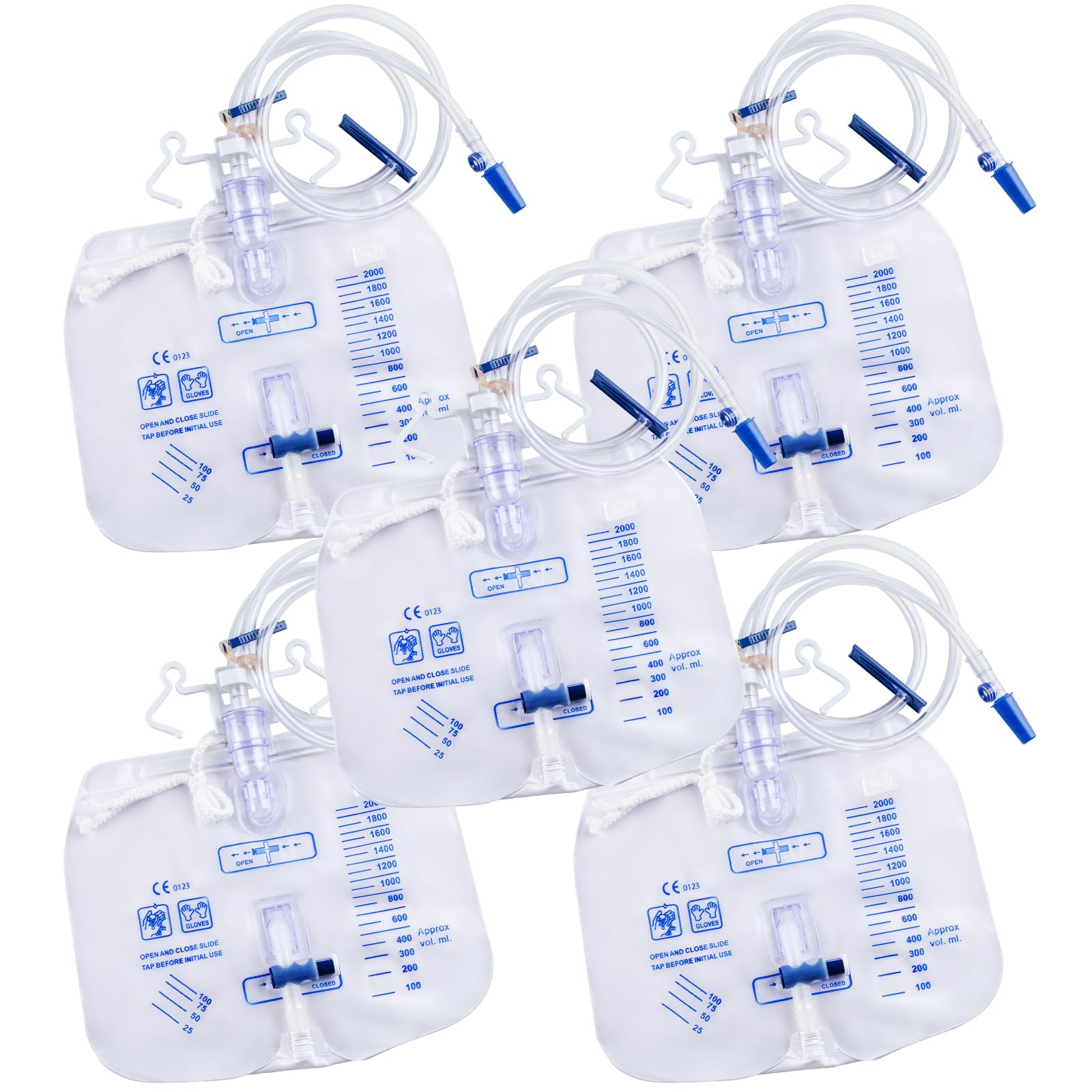 5 Pack 2000ml Urine Drainage Bag with 48