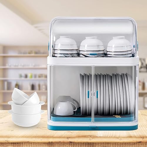 Escurridor de platos de 2 niveles, tabla de drenaje con tapa, cubierta transparente contra el polvo para platos de cocina, vasos, bandeja de