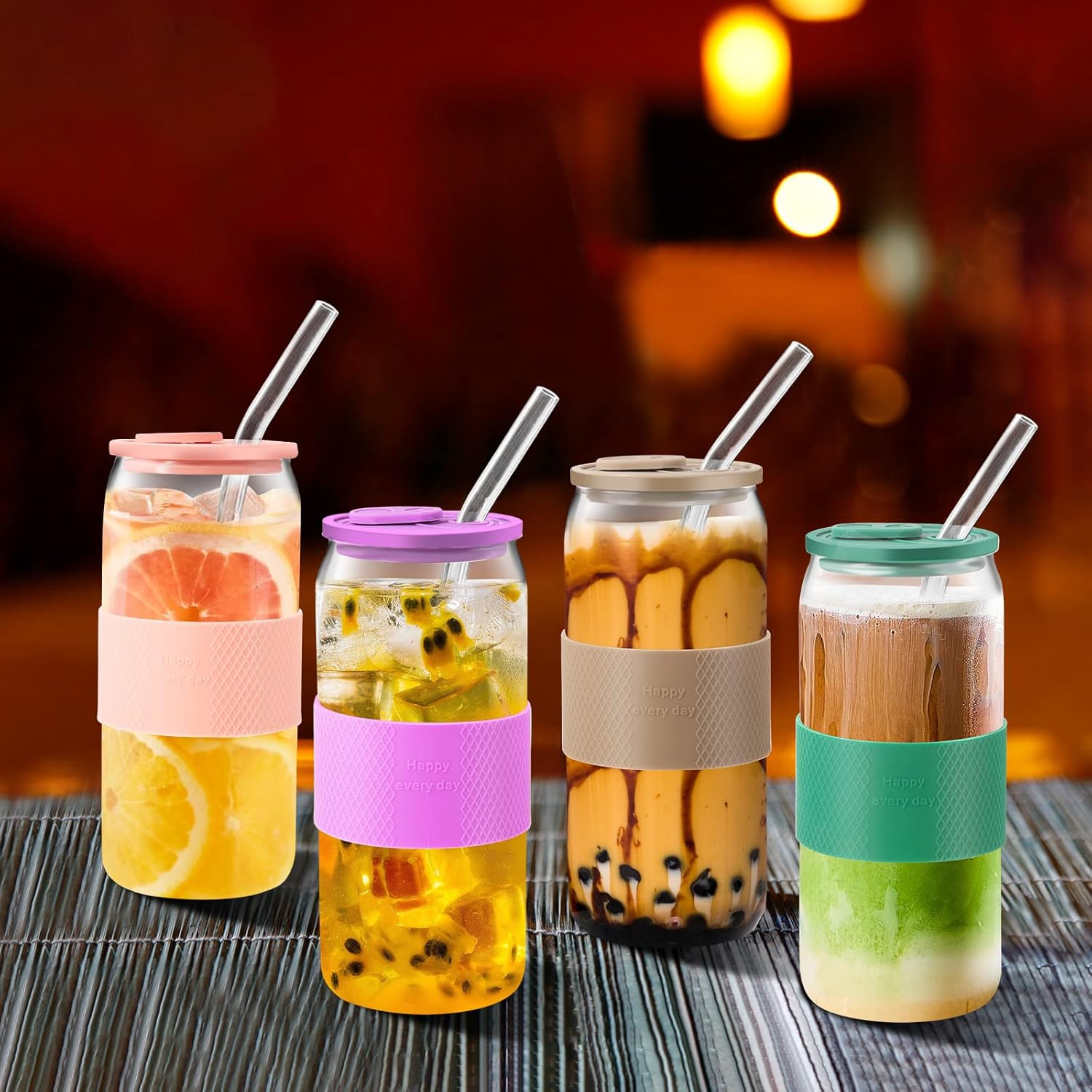  | 20oz Glass Tumbler with Silicone Lids and Sleeve, Iced Coffee Cup Reusable, Travel Water Bottle, Wide Mouth Smoothie Cups, Soda Can Shaped, Hot Tea (Baby Pink): Tumblers & Water Glasses