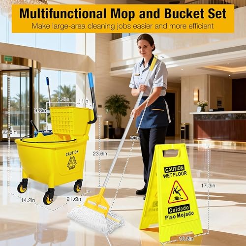 Miniatura 2 de Cubo de trapeador comercial de 35 cuartos de galón con escurridor de prensa lateral sobre ruedas, juego de trapeador industrial resistente y cubo