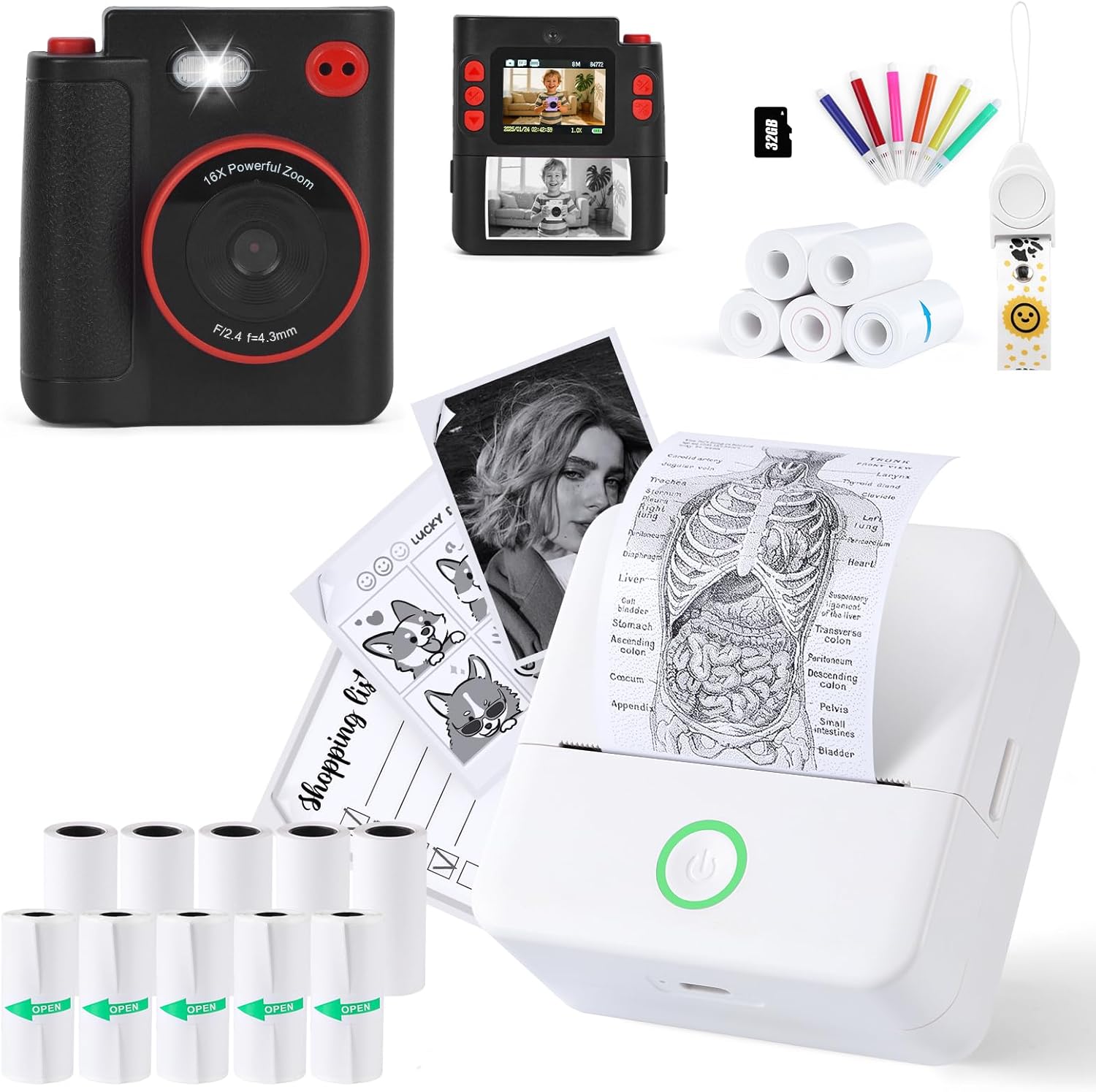 cudinham Print Pods X6 Mini Printer for Note with 10 Rolls Paper & X8D 1080P HD Dual-Lens Kids Camera Instant Print with 5 Rolls Paper and 32G TF Card