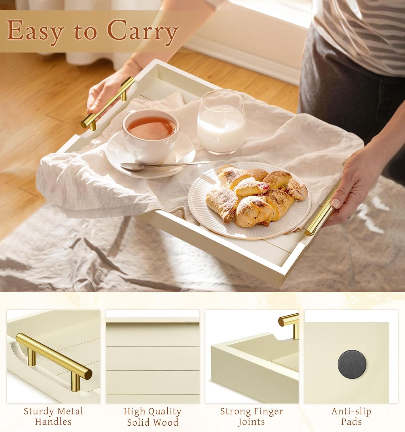 SXNOWS Ottoman Tray for Coffee Table & Couch, Large Wooden Serving Tray with 2 Set of Handles - Modern Farmhouse Rectangle Decorative Tray for Living Room Kitchen Includes 4 Coasters, Off-White/Cream