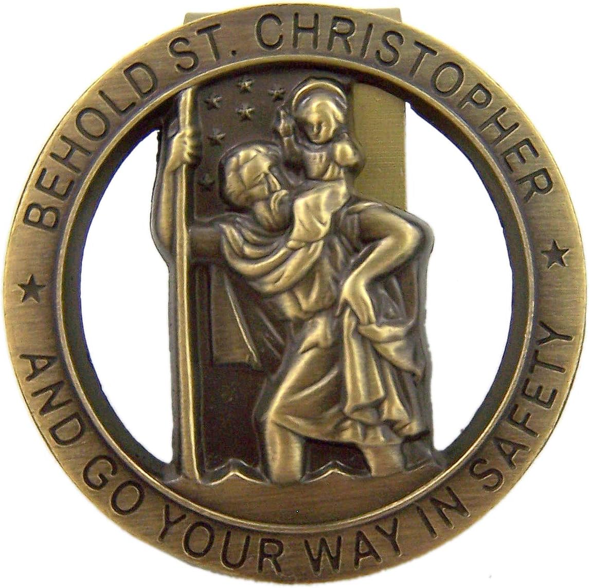 HIR Round Bronze Saint St Christopher Go Your Way in Saftey Proctection Visor Clip, 1 3/8 Inch (Dia)