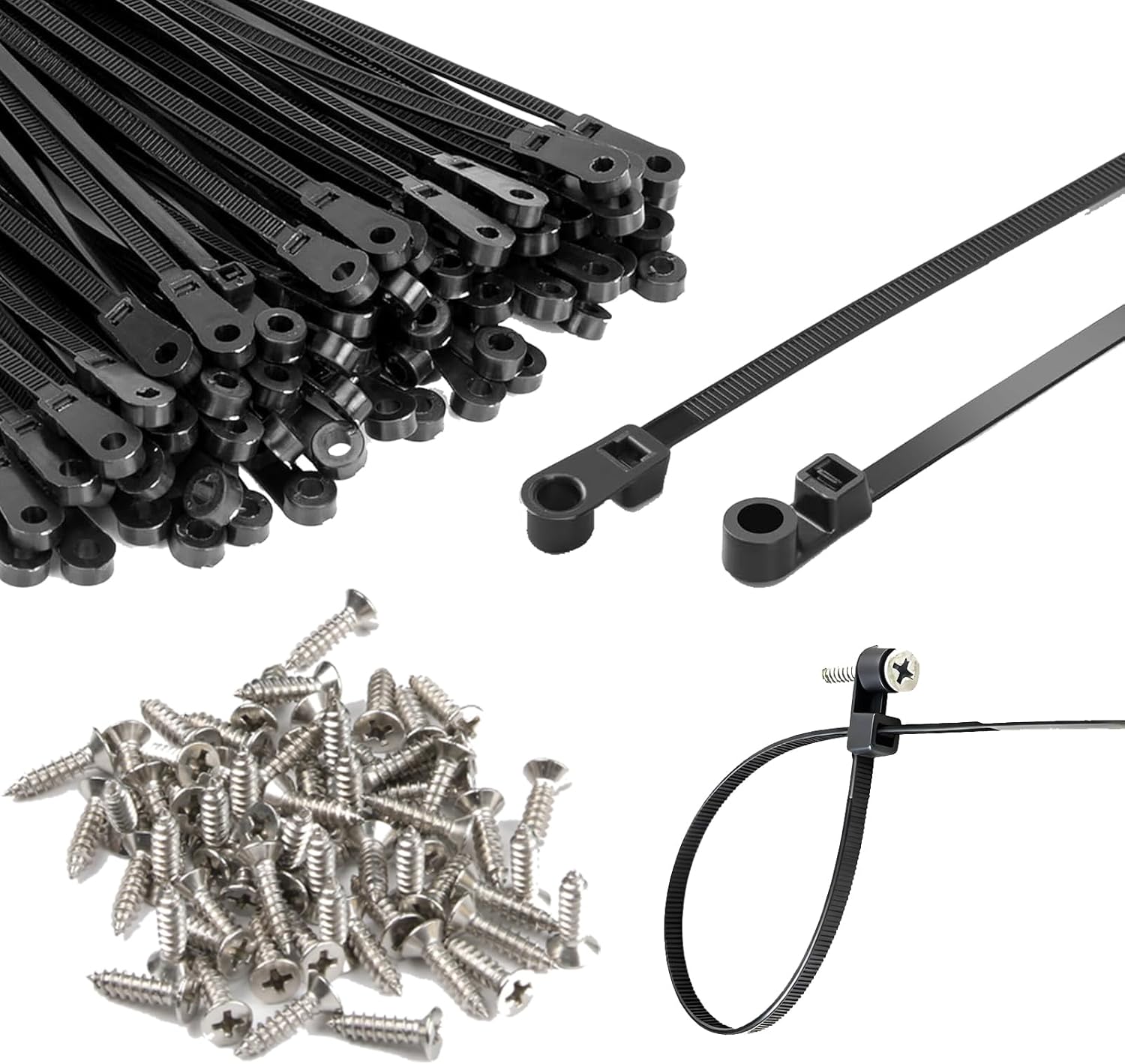 200-pack of 12-inch cable ties with screw holes, includes 100 screws; heavy-duty cable ties rated for 100 lbs, with mountable heads, suitable for multiple applications, made of durable nylon