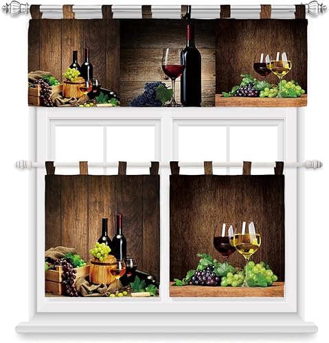 EZON-CH Kitchen Valances and Tiers for Small Window, 3 Pieces Cafe Curtains, Red Wine Glass Wooden Barrel Grape Rod Poket Windows Treatment Drapes