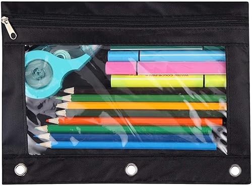 ACRSIKR Estuche para lápices de 3 anillos, con cremallera, estuche para lápices, estuche para cosméticos, paquete de 2 unidades, color negro,