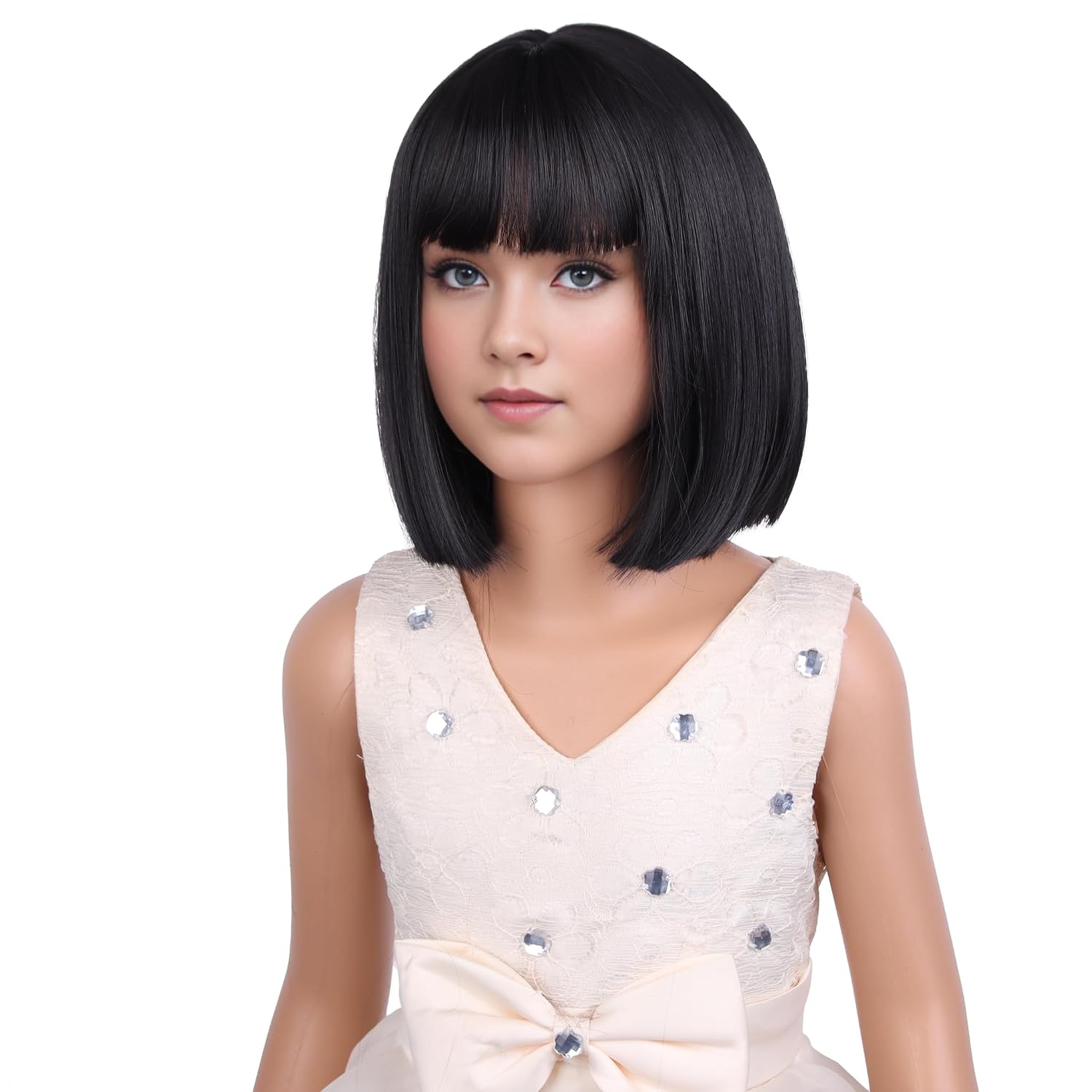 PATTNIUM Kids Black Wig Child Black bob Wig Short Black Wig for Girls Cosplay Party Synthetic Rose Net Daily Wear Wig (Black)