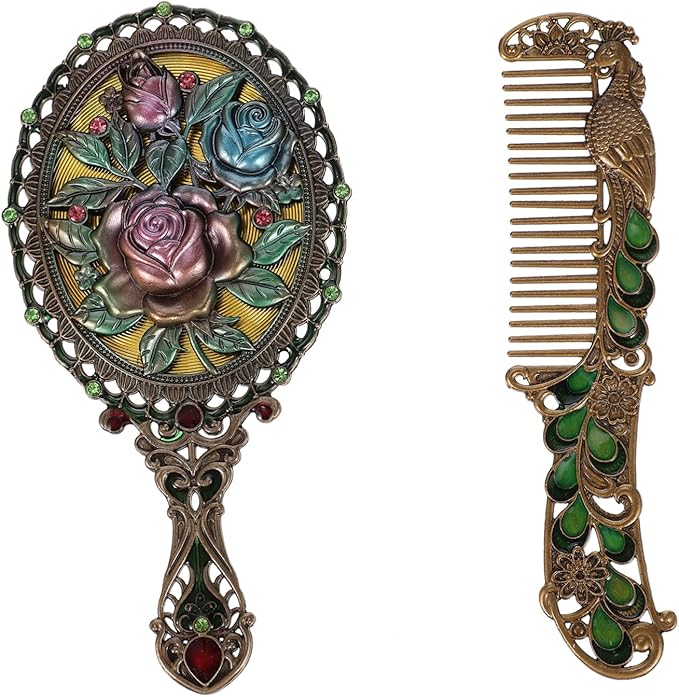 Amazon.com: BRIGHTFUFU 1set Vintage Handheld Makeup Mirror with Comb ...