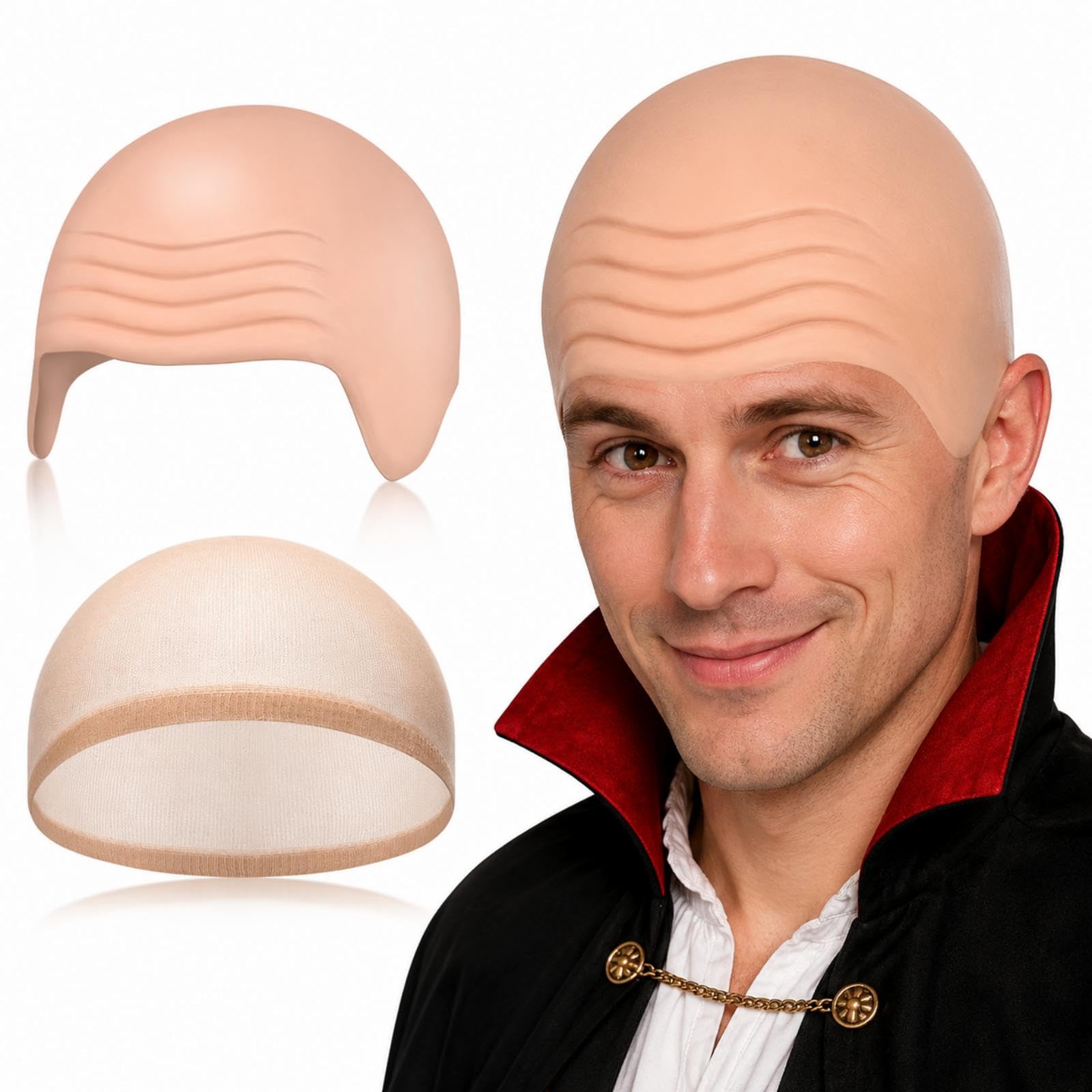 Haonyue 2Pcs Bald Cap Costume Set, Stretchy Latex Wrinkle Bald Head Cover, Reusable Cosplay B-ald Cap, Realistic Head Cover for Cosplay Halloween Theatre, Halloween Fancy Dress Parties