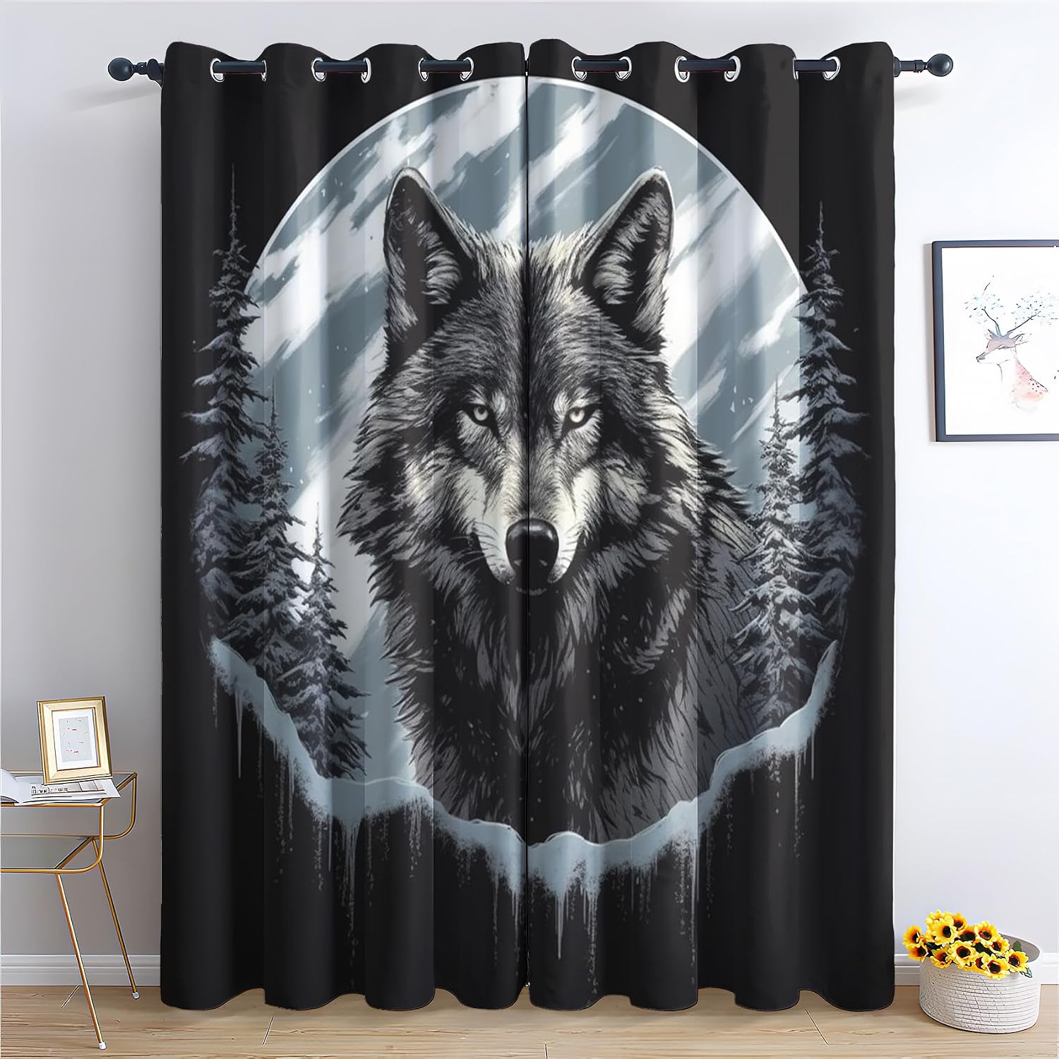 Wolf Curtains, Bedroom Curtains & Living Room Curtains 63 Inch Length 2 Panels Set, Moon Decorative Patterned Blackout Grommet Drapes Window Treatments & Home Decor (W3-&225)
