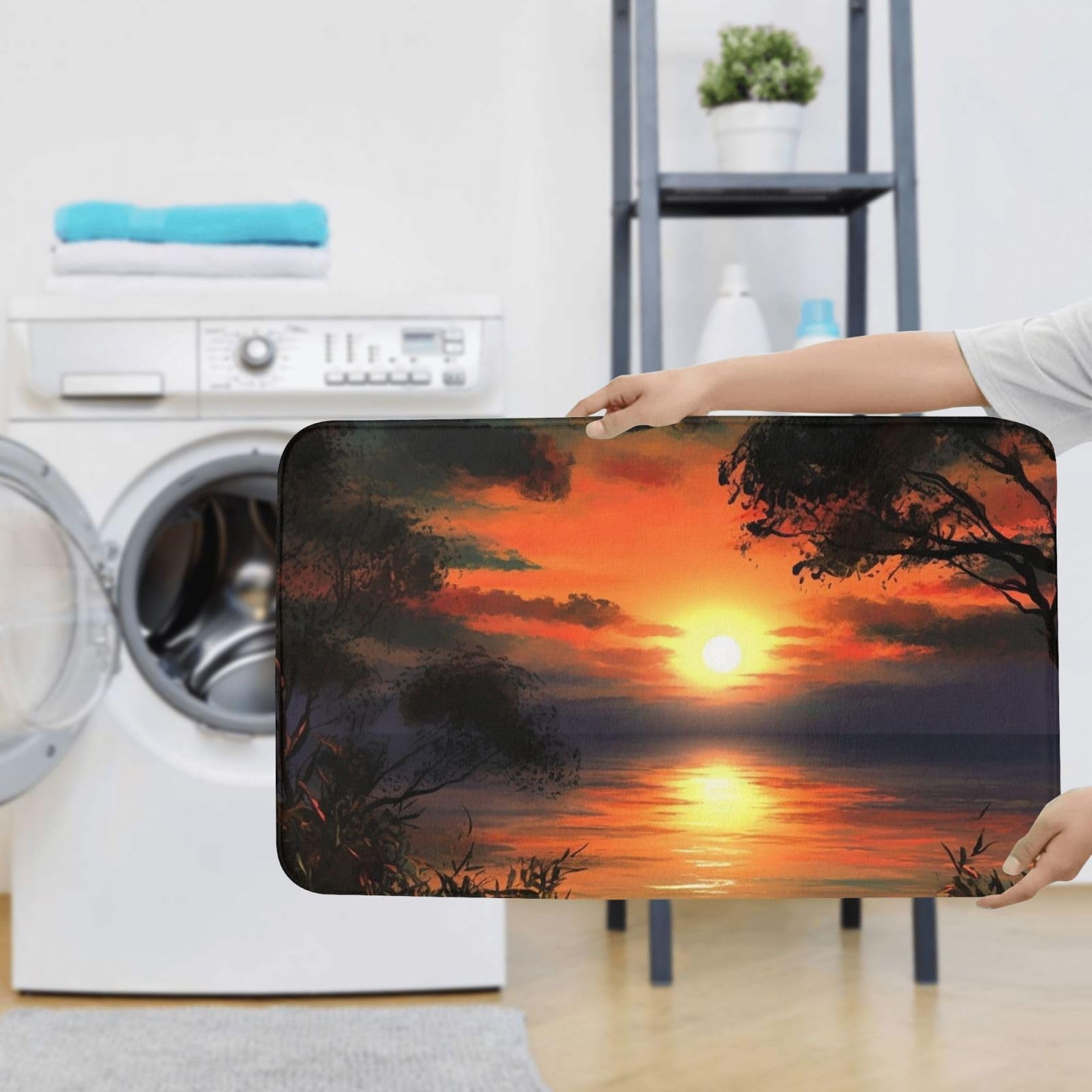 Set di 3 tappetini da bagno con disegno di tramonto in flanella morbida antiscivolo con coperchio per la decorazione della casa