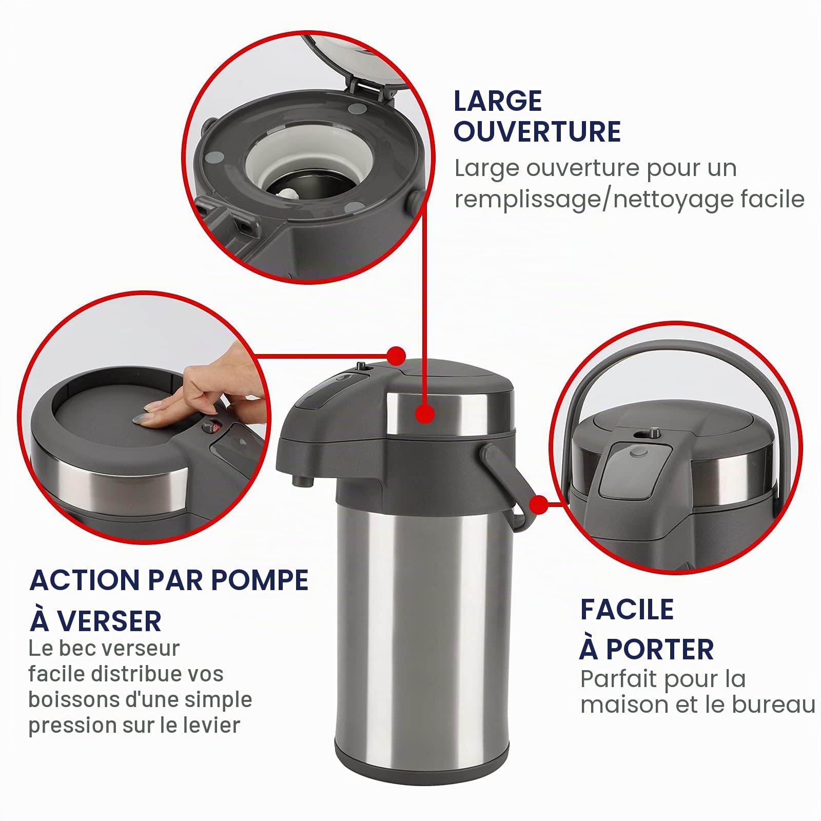 Cafetière isotherme à pompe de 4 l - En acier inoxydable - Double paroi - Avec mécanisme de pompe - Carafe à café pour 24 tasses - Argenté